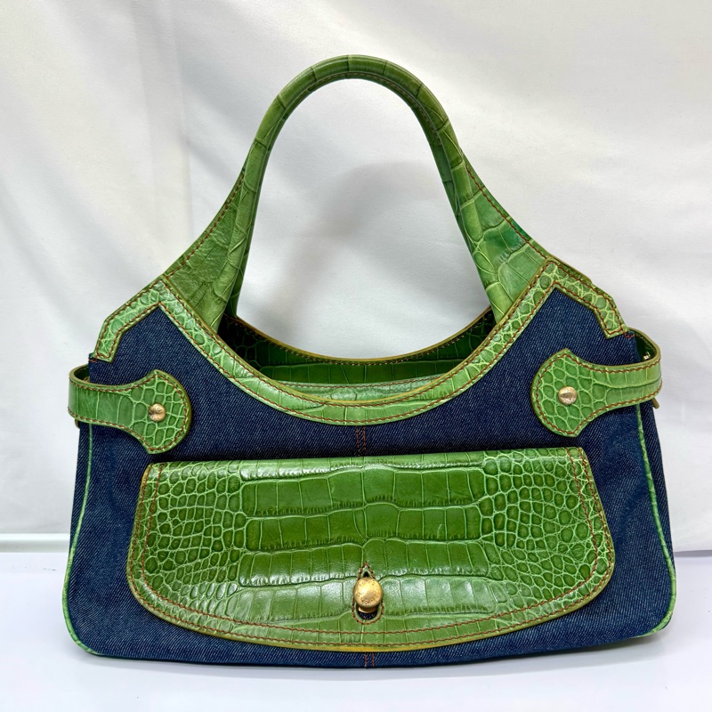 TODS 丹寧拼接鱷魚壓紋皮革肩背手提包 綠色-1