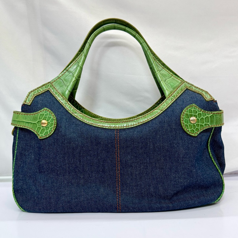 TODS 丹寧拼接鱷魚壓紋皮革肩背手提包 綠色-2