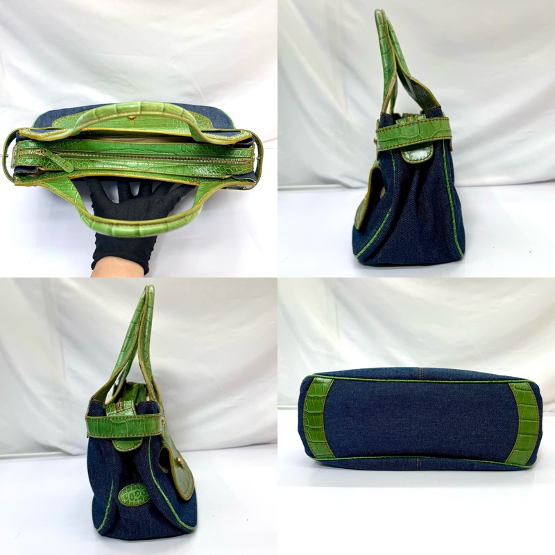 TODS 丹寧拼接鱷魚壓紋皮革肩背手提包 綠色-3