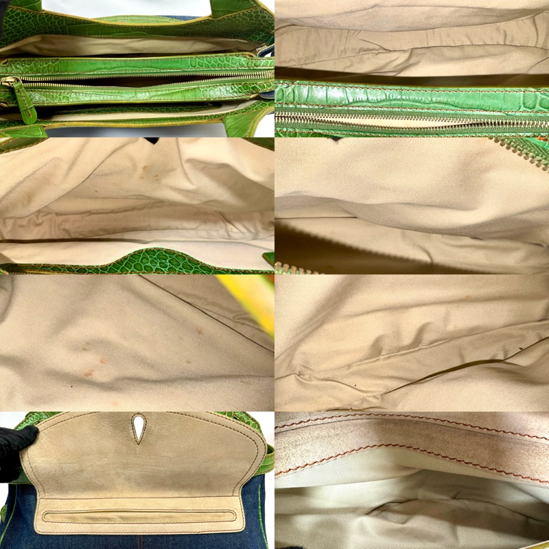 TODS 丹寧拼接鱷魚壓紋皮革肩背手提包 綠色-5