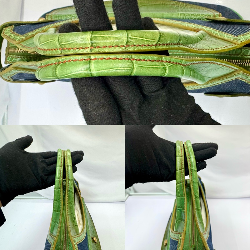 TODS 丹寧拼接鱷魚壓紋皮革肩背手提包 綠色-6