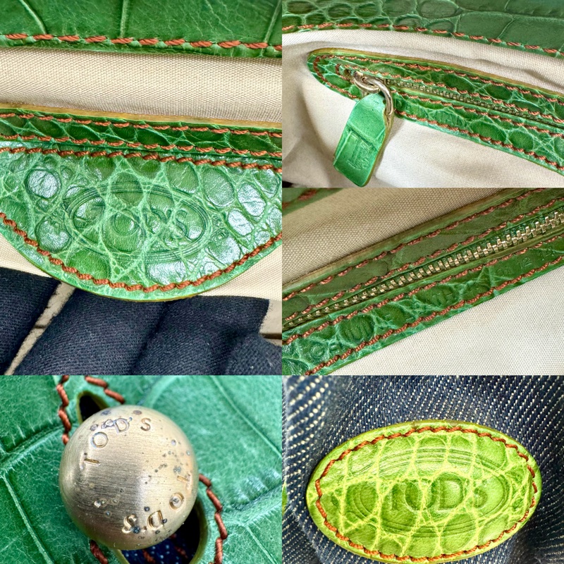 TODS 丹寧拼接鱷魚壓紋皮革肩背手提包 綠色-7
