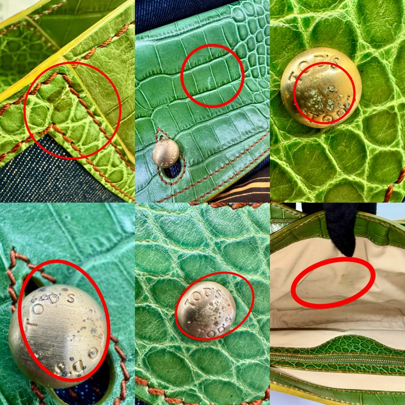 TODS 丹寧拼接鱷魚壓紋皮革肩背手提包 綠色-8