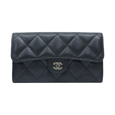 黑色 荔枝紋 牛皮 M-Medium 扣式長夾 金扣 【CHANEL 香奈兒】 AP1000