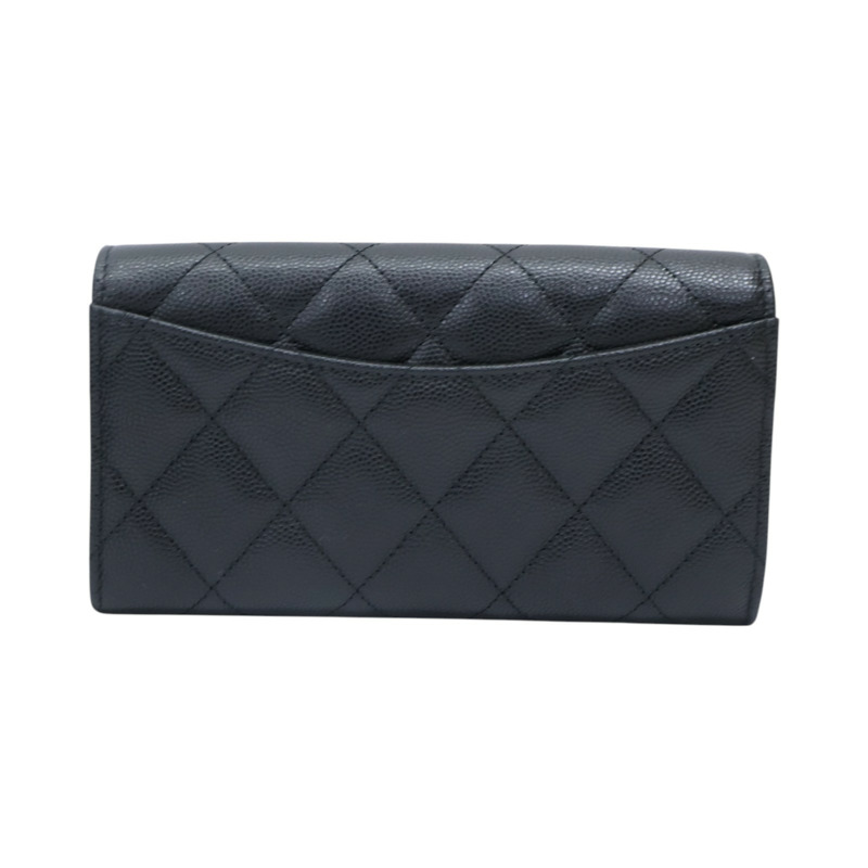 黑色 荔枝紋 牛皮 M-Medium 扣式長夾 金扣 【CHANEL 香奈兒】 AP1000-1