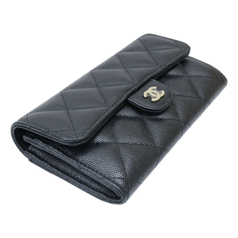 黑色 荔枝紋 牛皮 M-Medium 扣式長夾 金扣 【CHANEL 香奈兒】 AP1000-2