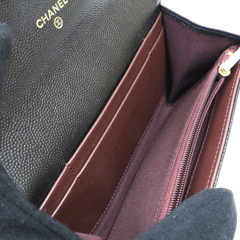 黑色 荔枝紋 牛皮 M-Medium 扣式長夾 金扣 【CHANEL 香奈兒】 AP1000-5