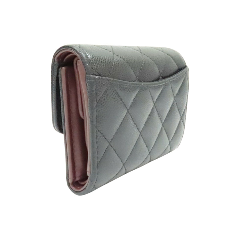 黑色 菱格紋 荔枝牛皮 三折 扣式短夾 金釦【CHANEL 香奈兒】 AP0231-1