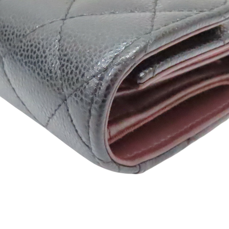 黑色 菱格紋 荔枝牛皮 三折 扣式短夾 金釦【CHANEL 香奈兒】 AP0231-10