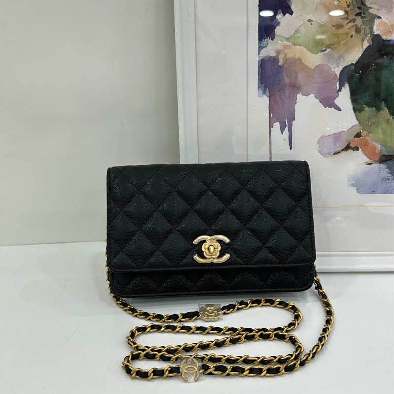 CHANEL 23k黑色荔枝皮山茶花WOC，全新有購證，晶片包，山茶花旋鈕，荔枝皮-1