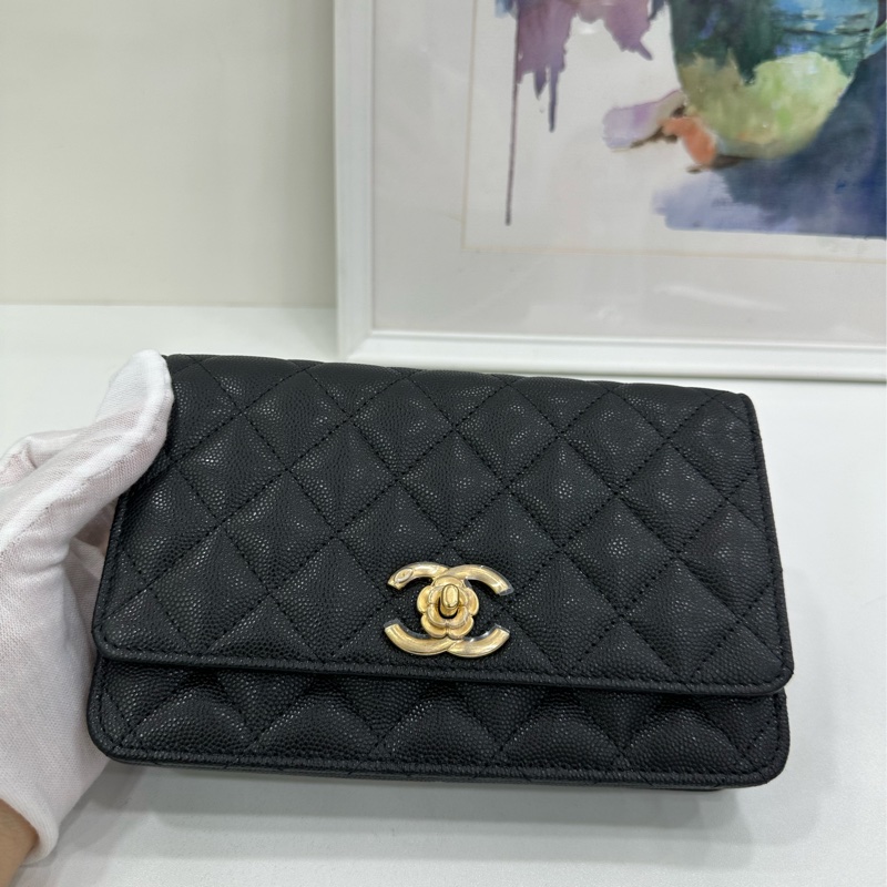 CHANEL 23k黑色荔枝皮山茶花WOC，全新有購證，晶片包，山茶花旋鈕，荔枝皮-6