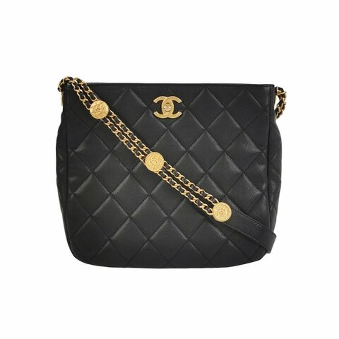 Chanel牛皮純色菱格絎縫雙C扣金幣鏈單肩 包包