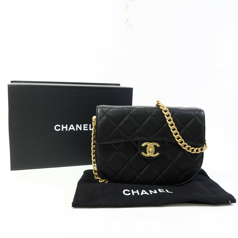 CHANEL 牛皮皮革Half Moon Flap Messenger Bag金扣鏈帶肩背袋-9