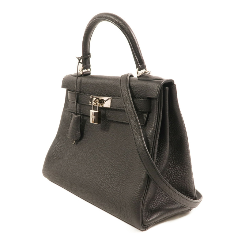 HERMES Togo皮革Kelly 28銀扣手挽肩背兩用袋Noir-2