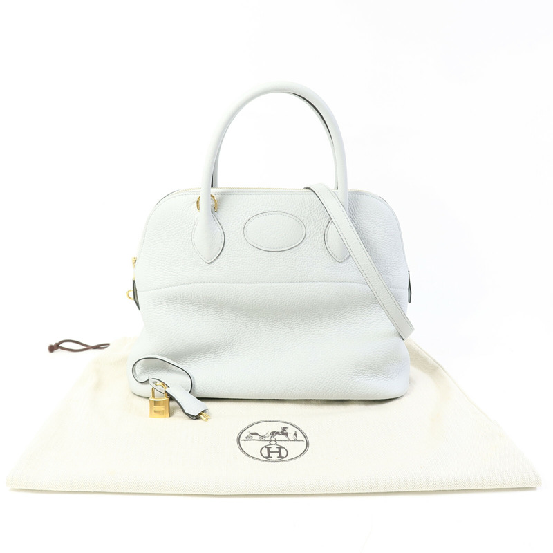 HERMES Togo皮革Bolide 31金扣手挽肩背兩用袋Blue Glacier-12