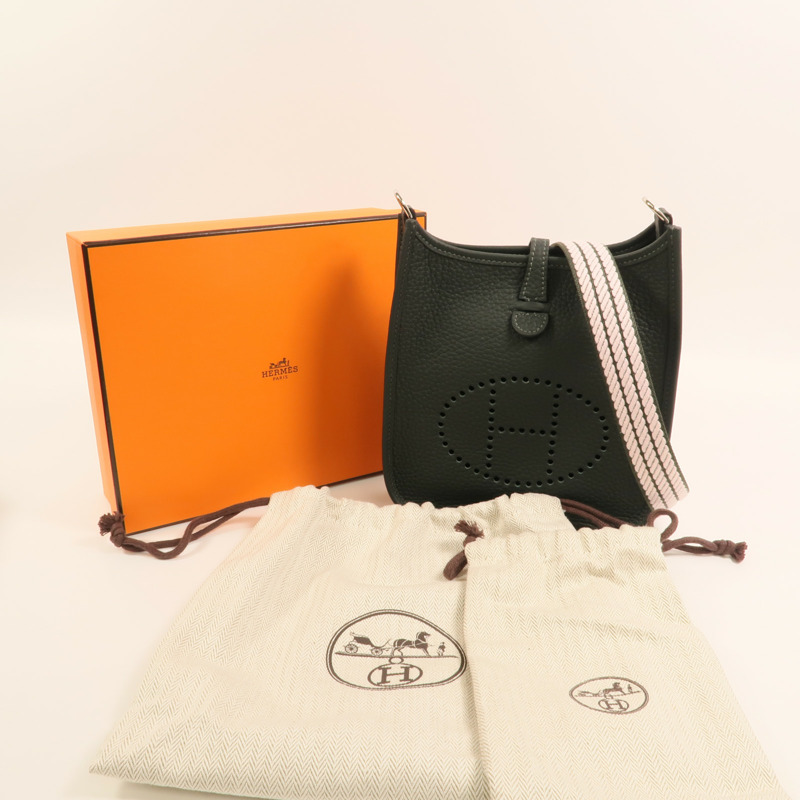 HERMES Clemence皮革Evelyne TPM銀扣肩背袋Vert Fonce-9