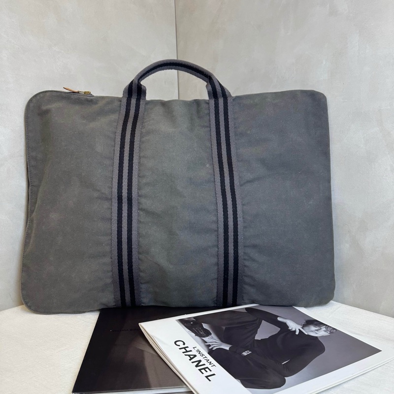 Hermès 愛馬仕 灰色帆布Fourre Tout Porte Documents 商務包 vintage-1