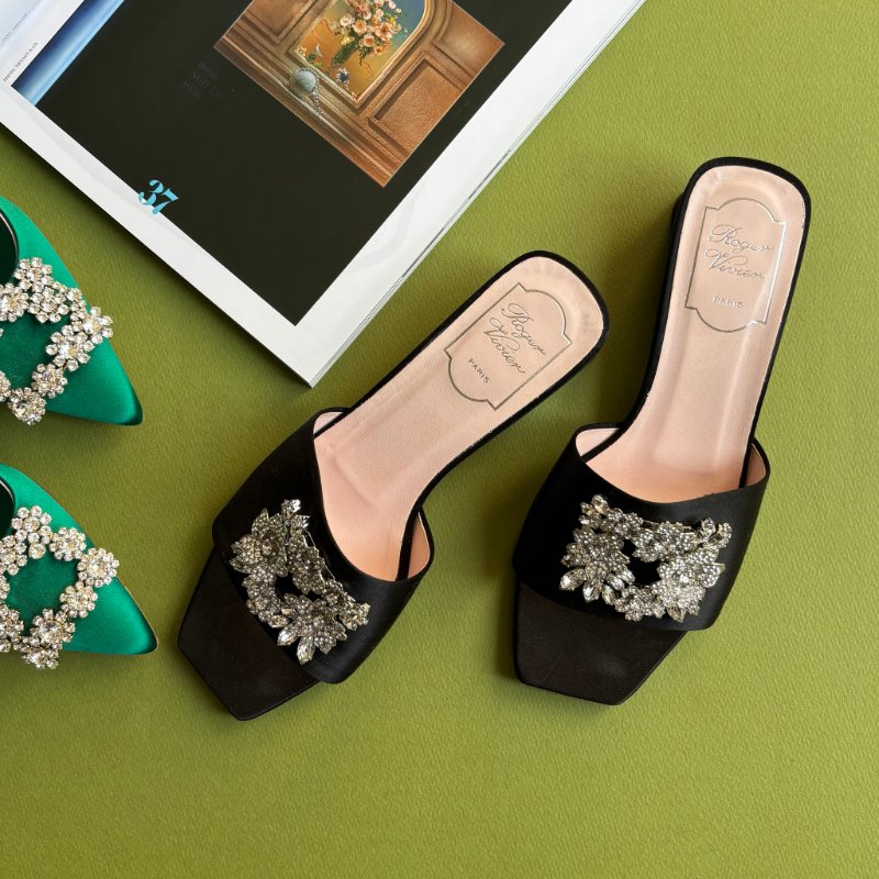 37.5號 ::ROGER VIVIER:: RV Bouquet 黑色緞面 經典方框鑽釦跟鞋 涼鞋 拖鞋-0