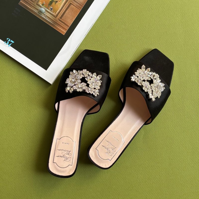 37.5號 ::ROGER VIVIER:: RV Bouquet 黑色緞面 經典方框鑽釦跟鞋 涼鞋 拖鞋-1