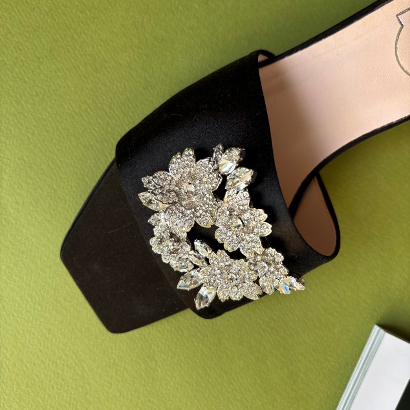 37.5號 ::ROGER VIVIER:: RV Bouquet 黑色緞面 經典方框鑽釦跟鞋 涼鞋 拖鞋-3