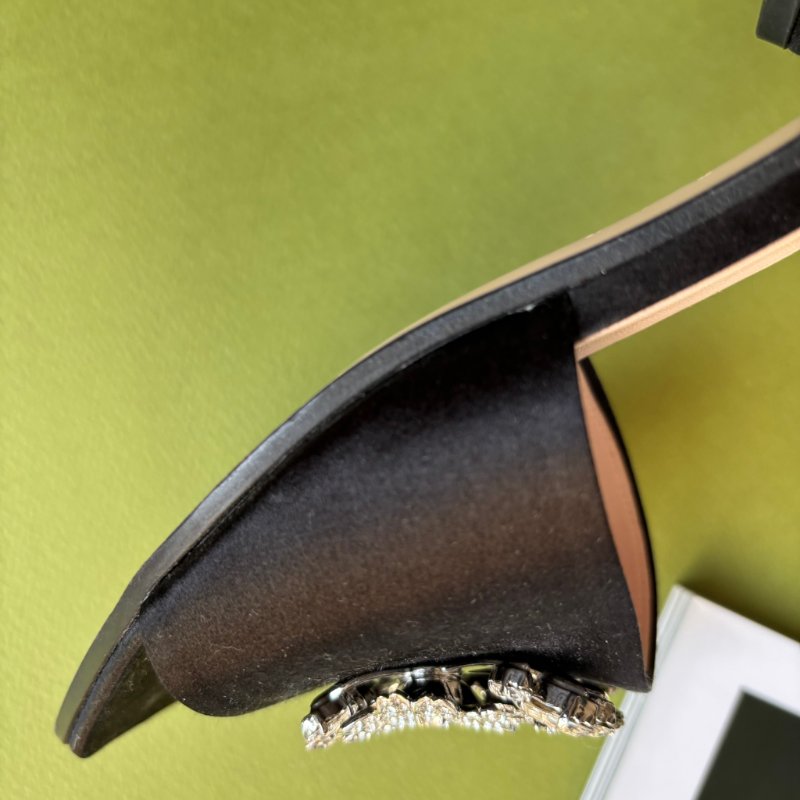 37.5號 ::ROGER VIVIER:: RV Bouquet 黑色緞面 經典方框鑽釦跟鞋 涼鞋 拖鞋-5