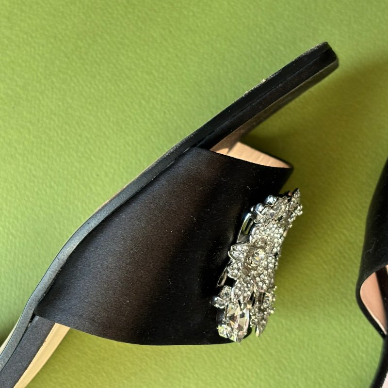 37.5號 ::ROGER VIVIER:: RV Bouquet 黑色緞面 經典方框鑽釦跟鞋 涼鞋 拖鞋-9