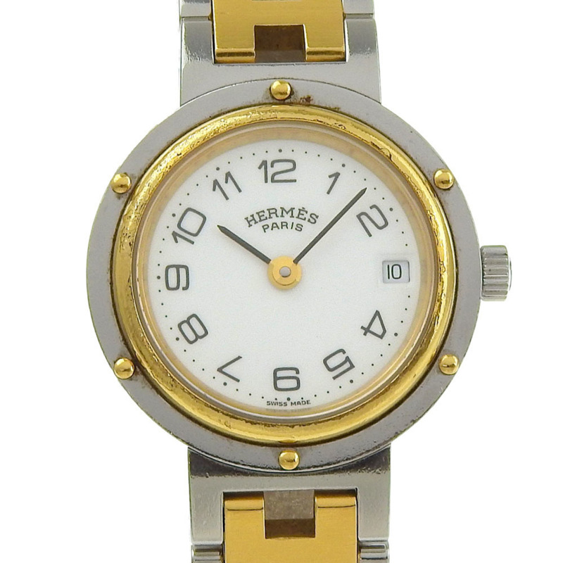 愛馬仕 Clipper 手錶,不鏽鋼,石英,類比顯示,白色錶盤,女士款。-0