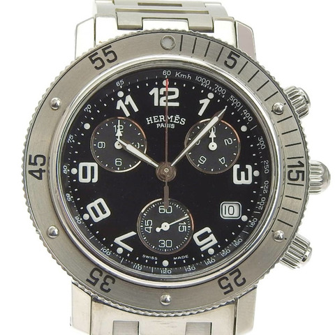 愛馬仕 Clipper 手錶 CL2.910，不鏽鋼，石英，計時碼錶，黑色錶盤，男士。