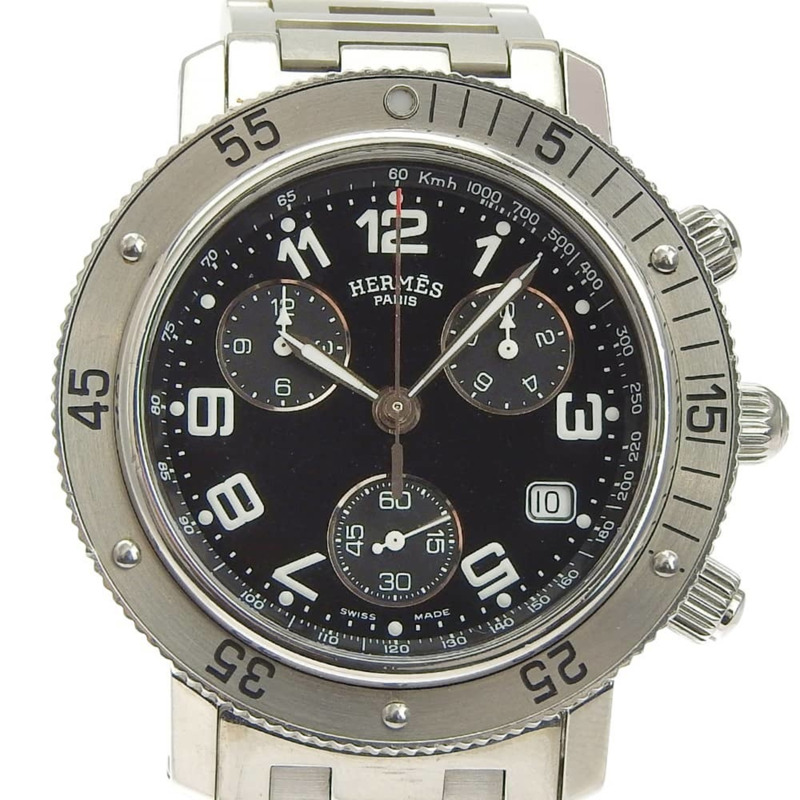 愛馬仕 Clipper 手錶 CL2.910,不鏽鋼,石英,計時碼錶,黑色錶盤,男士。-0