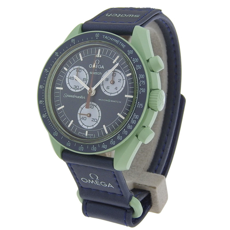 歐米茄超霸系列月球錶「地球任務」腕錶，SWATCH S033G100 綠色石英計時表，海軍藍錶盤，男士腕錶-1