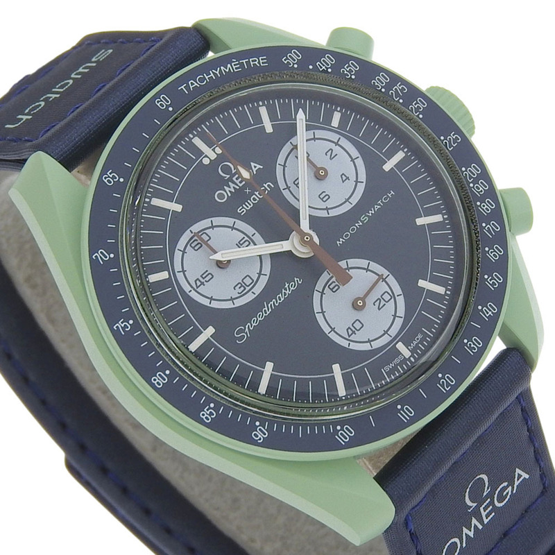 歐米茄超霸系列月球錶「地球任務」腕錶，SWATCH S033G100 綠色石英計時表，海軍藍錶盤，男士腕錶-2