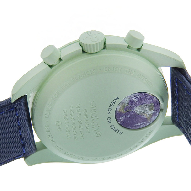 歐米茄超霸系列月球錶「地球任務」腕錶，SWATCH S033G100 綠色石英計時表，海軍藍錶盤，男士腕錶-4