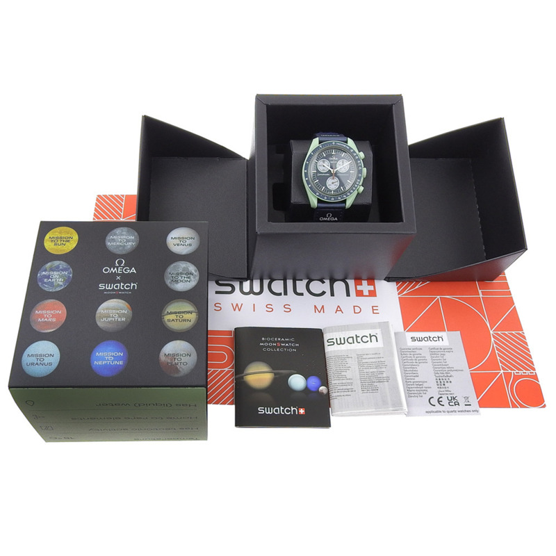 歐米茄超霸系列月球錶「地球任務」腕錶，SWATCH S033G100 綠色石英計時表，海軍藍錶盤，男士腕錶-7