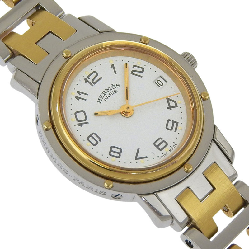 愛馬仕 Clipper 手錶 CL3.240,不鏽鋼鍍金,石英,模擬顯示,白色錶盤,女士款。-2