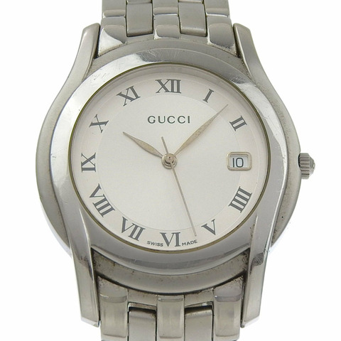 Gucci 5500M 不鏽鋼腕錶，銀色，石英機芯，指針式顯示，銀色錶盤，女錶