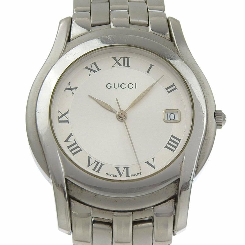 Gucci 5500M 不鏽鋼腕錶，銀色，石英機芯，指針式顯示，銀色錶盤，女錶-0