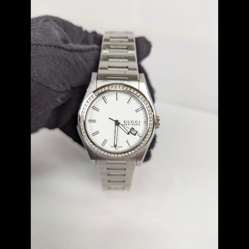 莉亞精品♡GUCCI 不鏽鋼圓框鑽錶 二手美品-1