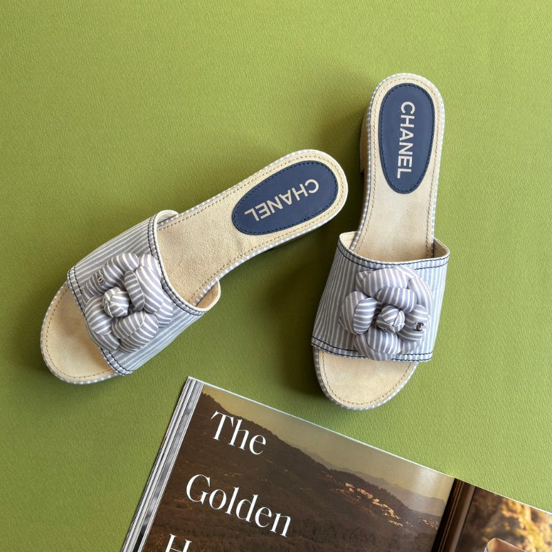 38號 ::CHANEL:: Cloth Mules & Clogs 香奈兒 春夏藍白線條 山茶花穆木屐拖鞋-0