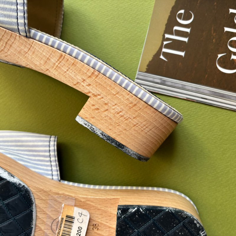 38號 ::CHANEL:: Cloth Mules & Clogs 香奈兒 春夏藍白線條 山茶花穆木屐拖鞋-10