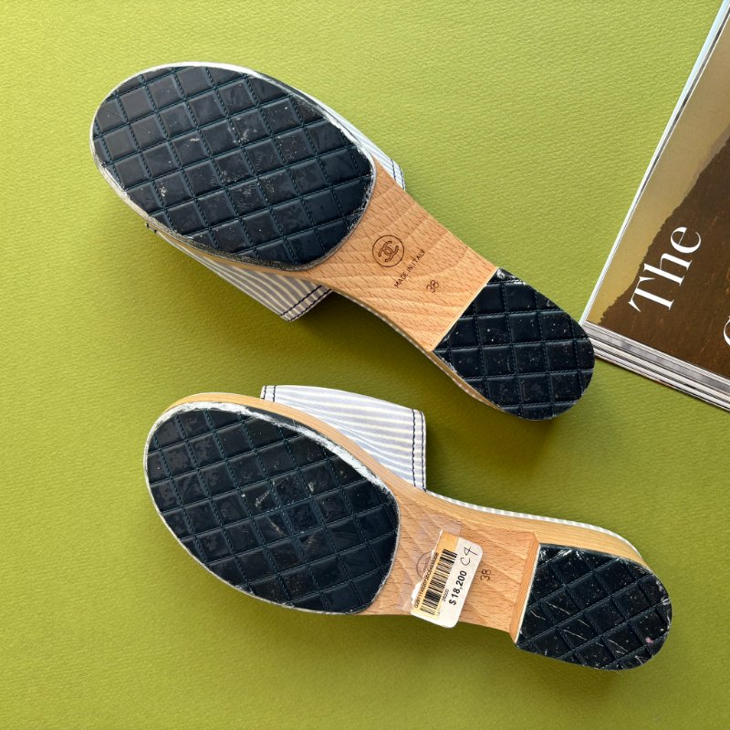 38號 ::CHANEL:: Cloth Mules & Clogs 香奈兒 春夏藍白線條 山茶花穆木屐拖鞋-22