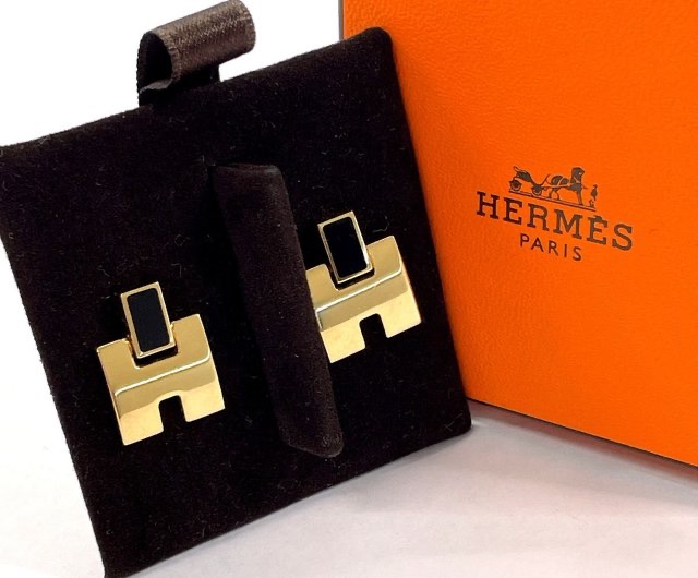 閒置新品✨ HERMES Eileen H 經典圓弧設計耳環（藍/金）-0