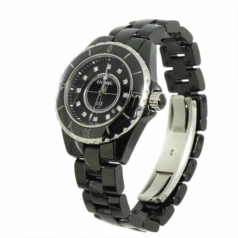 香奈兒 J12 33毫米 H1625 女士腕錶,鑲嵌12顆鑽石,日期顯示,黑色陶瓷石英錶-1