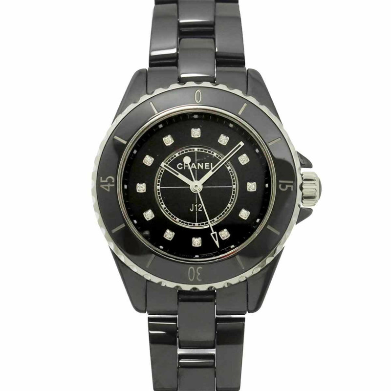 香奈兒 J12 33毫米 H5701 女士腕錶,鑲嵌12顆鑽石,黑色陶瓷石英錶-0