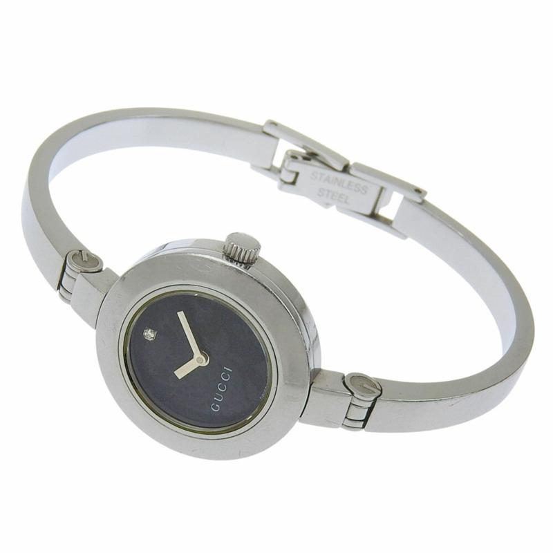 Gucci 105 花卉錶盤黑色單鑽不鏽鋼石英電池女錶,錶徑約25毫米,兩針-1