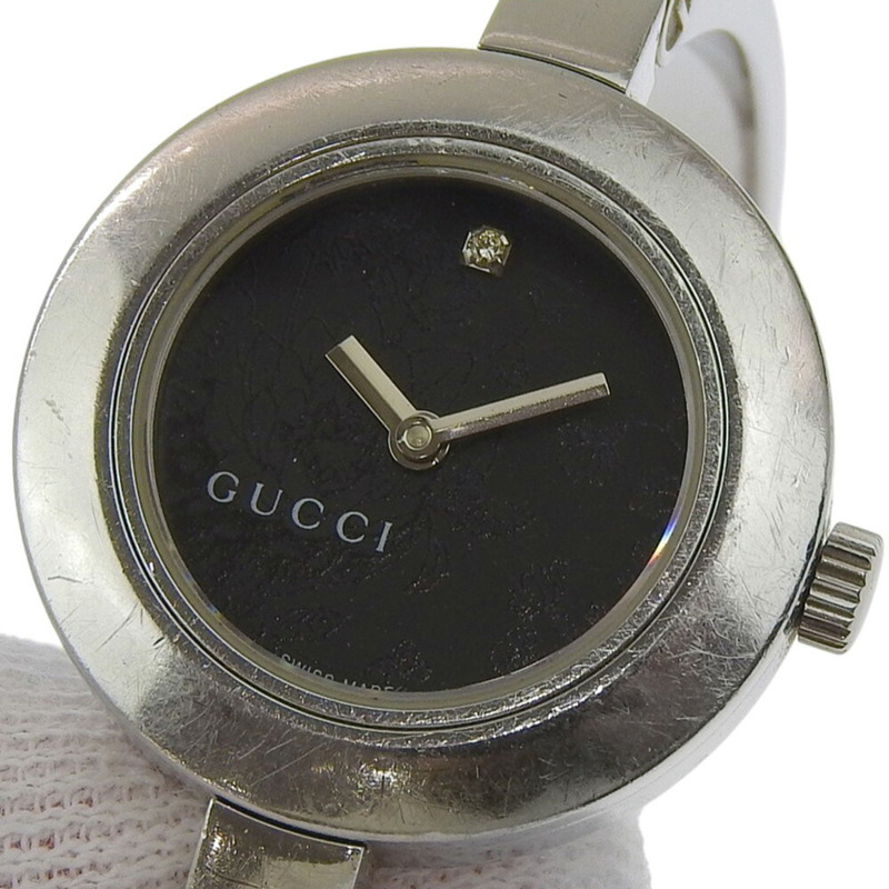 Gucci 105 花卉錶盤黑色單鑽不鏽鋼石英電池女錶,錶徑約25毫米,兩針-6