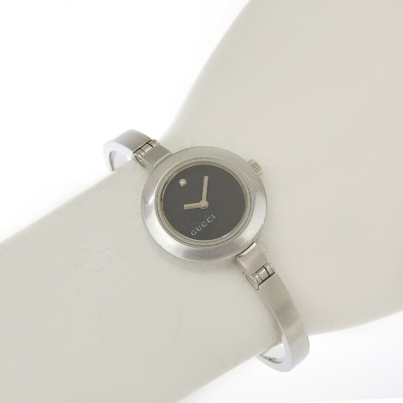 Gucci 105 花卉錶盤黑色單鑽不鏽鋼石英電池女錶,錶徑約25毫米,兩針-7