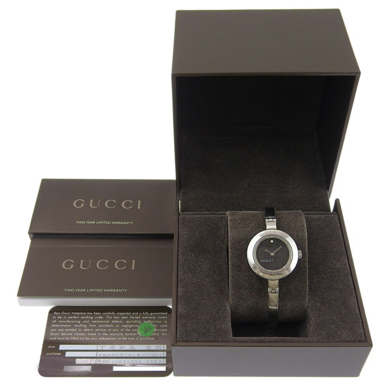 Gucci 105 花卉錶盤黑色單鑽不鏽鋼石英電池女錶,錶徑約25毫米,兩針-8