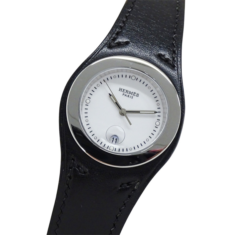 愛馬仕 (Hermes) 女士腕錶 Arce 系列，日期顯示，石英機芯，QZ 錶殼，不鏽鋼錶帶，皮革錶帶，HA3.410，白色/黑色 □E-0