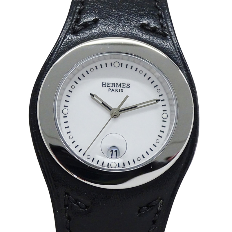 愛馬仕 (Hermes) 女士腕錶 Arce 系列，日期顯示，石英機芯，QZ 錶殼，不鏽鋼錶帶，皮革錶帶，HA3.410，白色/黑色 □E-1