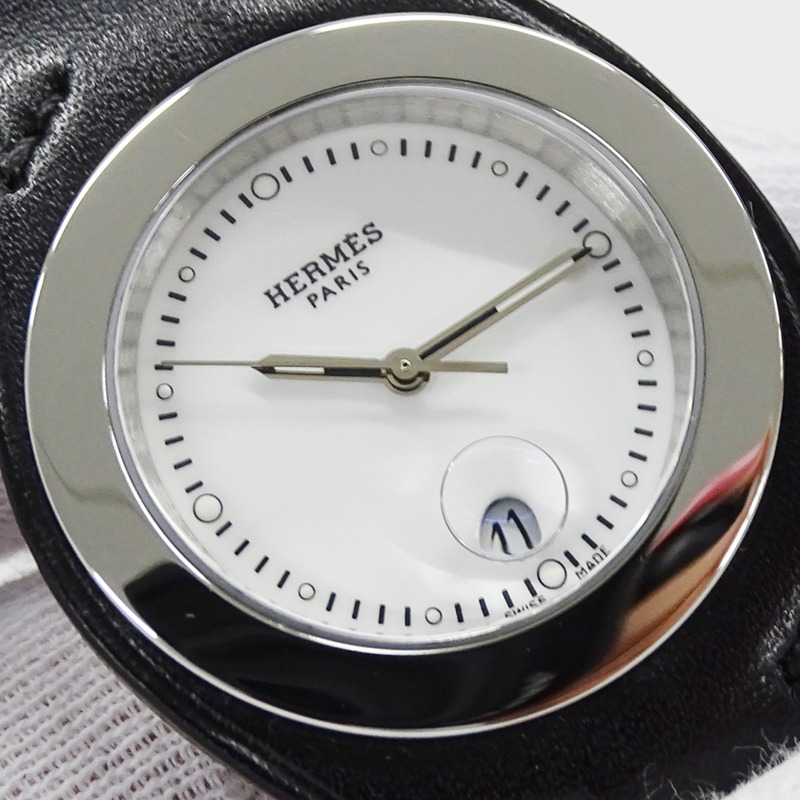 愛馬仕 (Hermes) 女士腕錶 Arce 系列，日期顯示，石英機芯，QZ 錶殼，不鏽鋼錶帶，皮革錶帶，HA3.410，白色/黑色 □E-14
